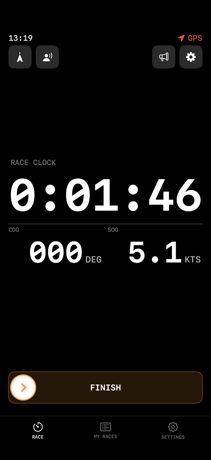 The race screen in Race mode, showing RACE CLOCK at 0:01:46, course and speed widgets, and an orange slide-to-confirm FINISH bar across the bottom.