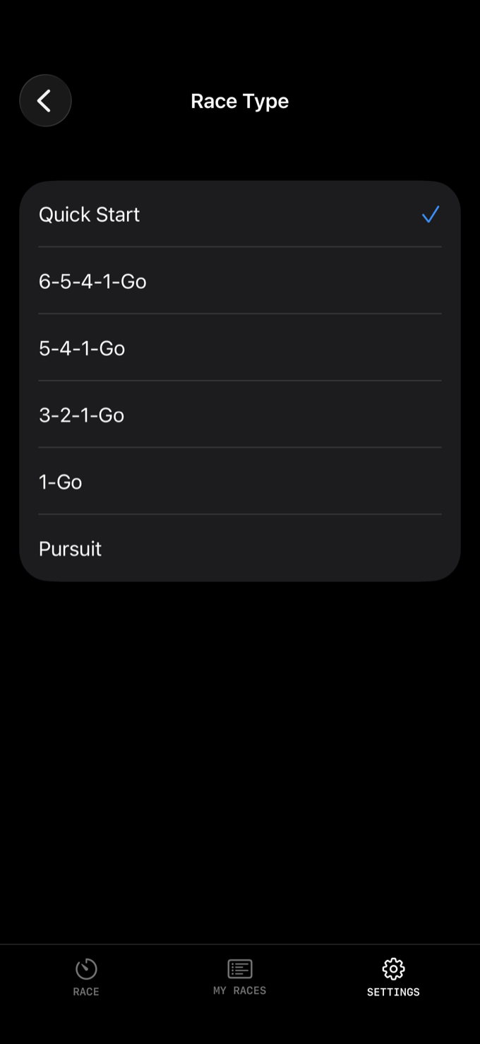 The Race Type list on iPhone, showing Quick Start ticked, then 6-5-4-1-Go, 5-4-1-Go, 3-2-1-Go, 1-Go and Pursuit.
