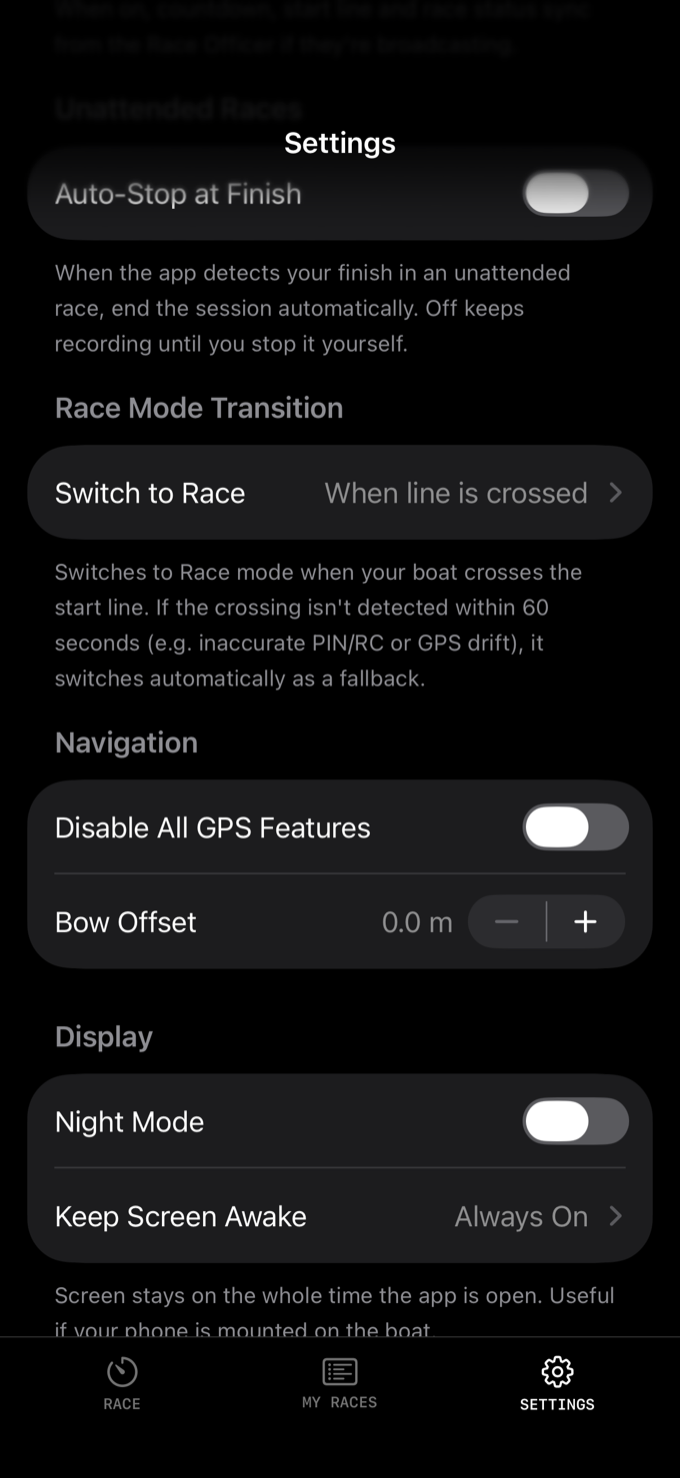 The Settings screen scrolled to the Display section, showing a Night Mode switch and Keep Screen Awake set to Always On, above the Navigation section with Disable All GPS Features and Bow Offset.