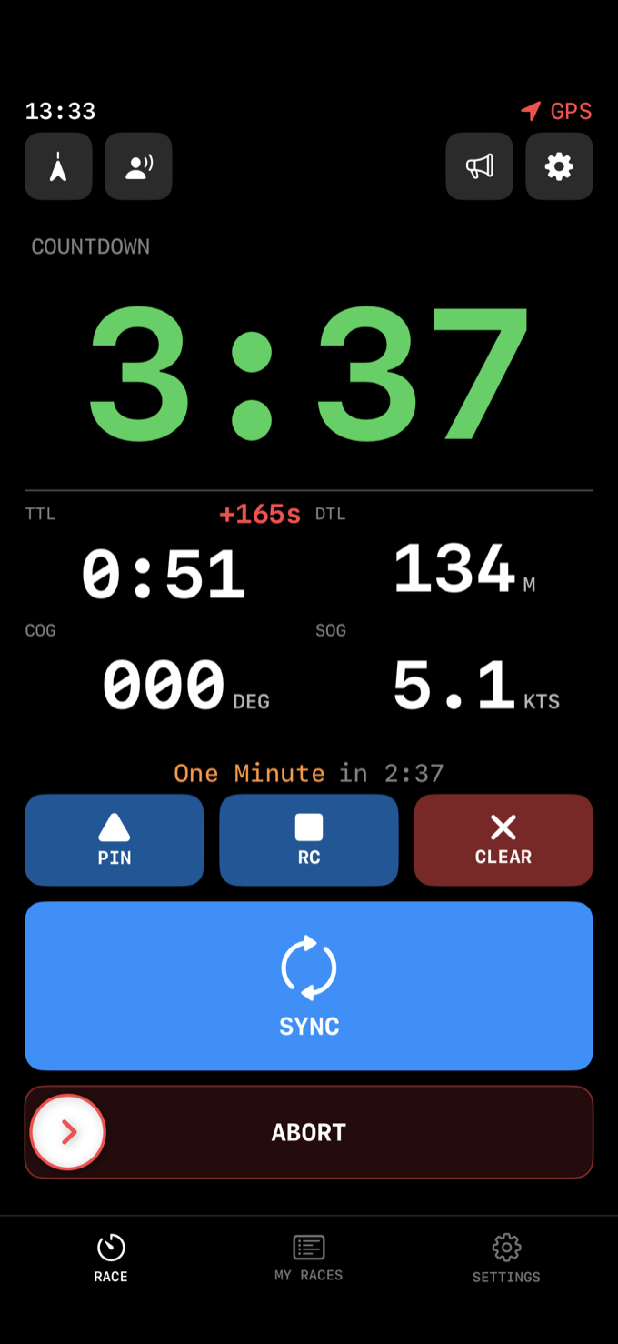 The race screen during a 5-4-1-Go countdown with the start line set: 3:37 to go, One Minute in 2:37, time to line 0:51, distance to line 134 metres, speed 5.1 knots, the PIN and RC buttons blue with a red CLEAR beside them, and a slide-to-confirm ABORT bar at the bottom.