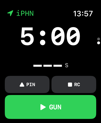 The Flying Start watch app on an Apple Watch Ultra, showing iPHN as the GPS source, a 5:00 countdown ready to start, PIN and RC buttons, and a green GUN button.
