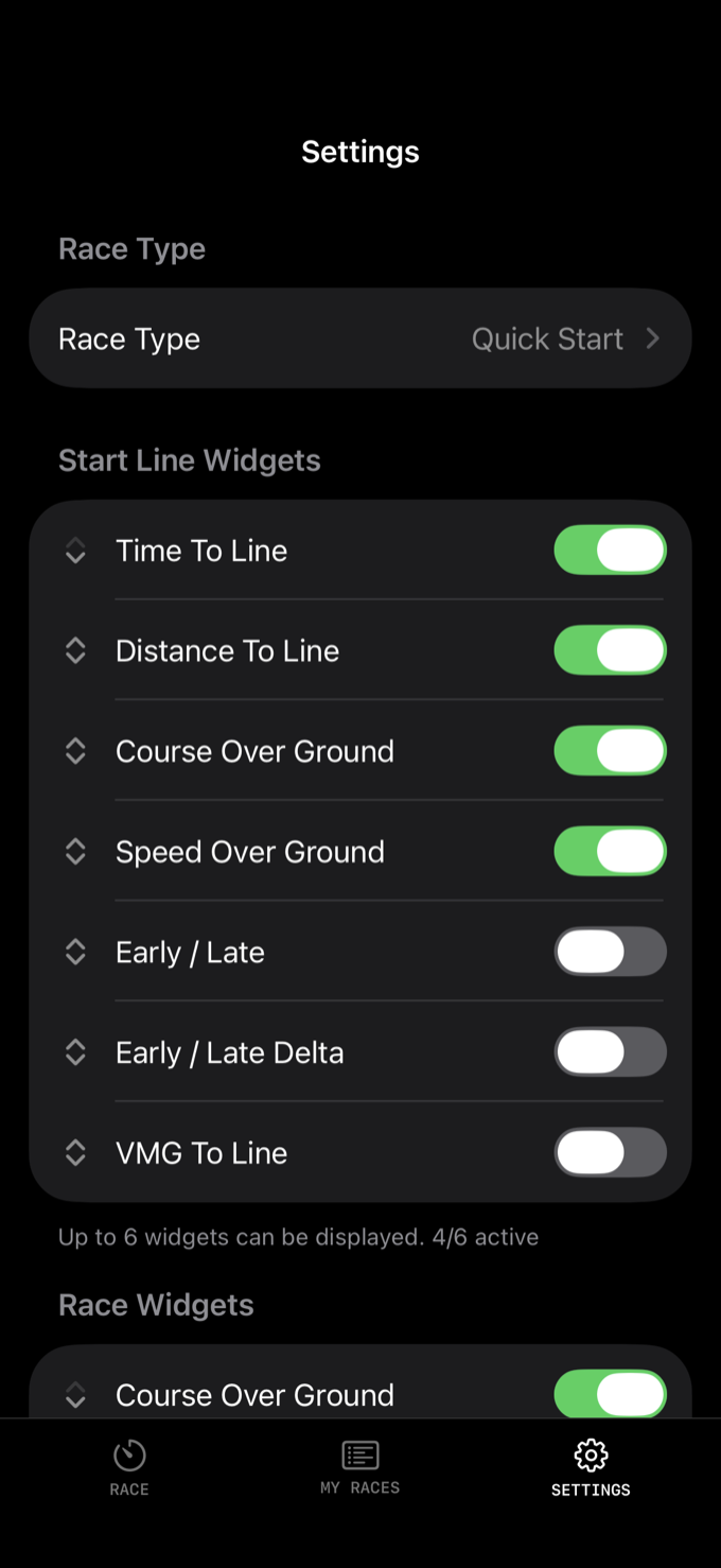 The Start Line Widgets settings list with toggles for Time To Line, Distance To Line, Course Over Ground and Speed Over Ground switched on, and Early / Late, Early / Late Delta and VMG To Line switched off, above the note "Up to 6 widgets can be displayed. 4/6 active".