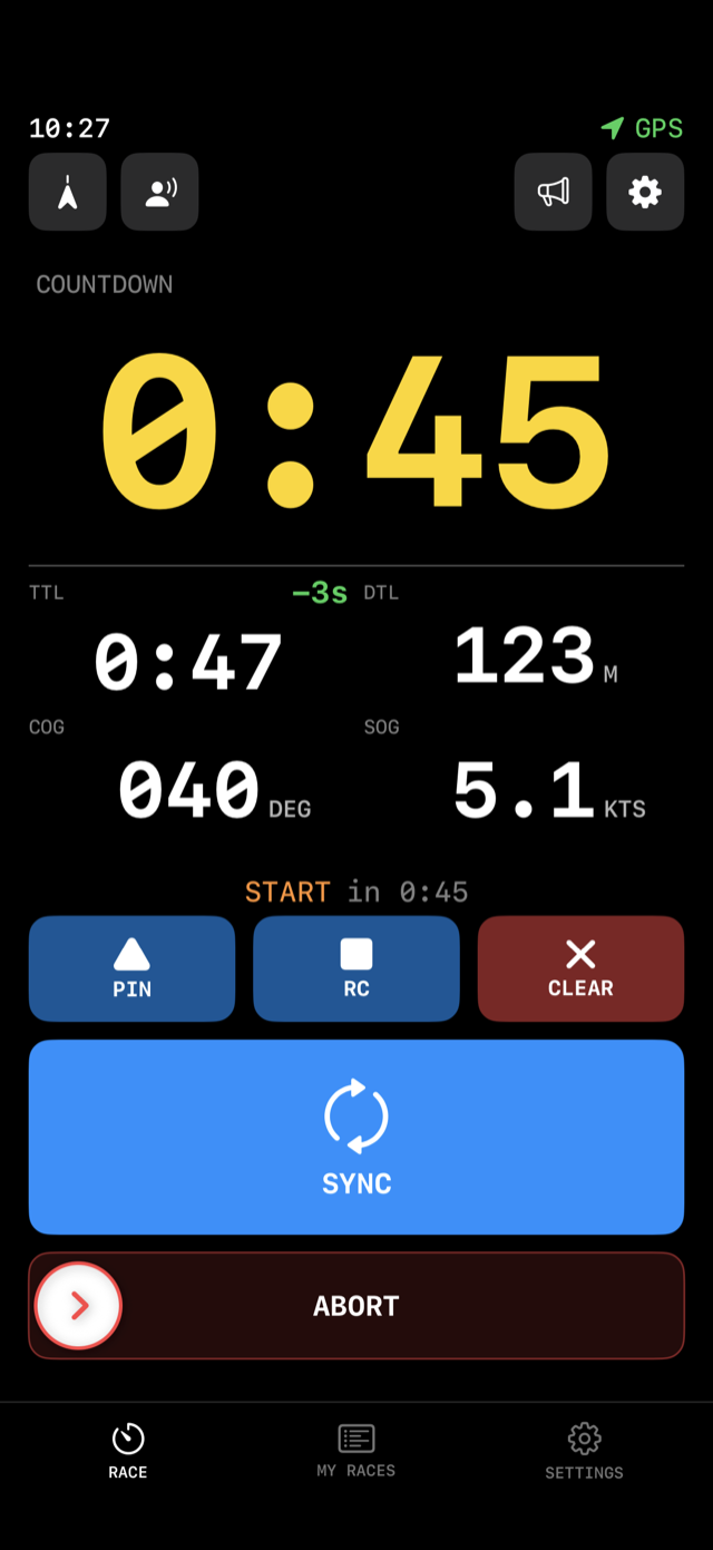 The Flying Start race screen 45 seconds before the gun: countdown 0:45, time to line 0:47, distance to line 123 metres, course 040 degrees, speed 5.1 knots, and a 3 seconds early indicator.
