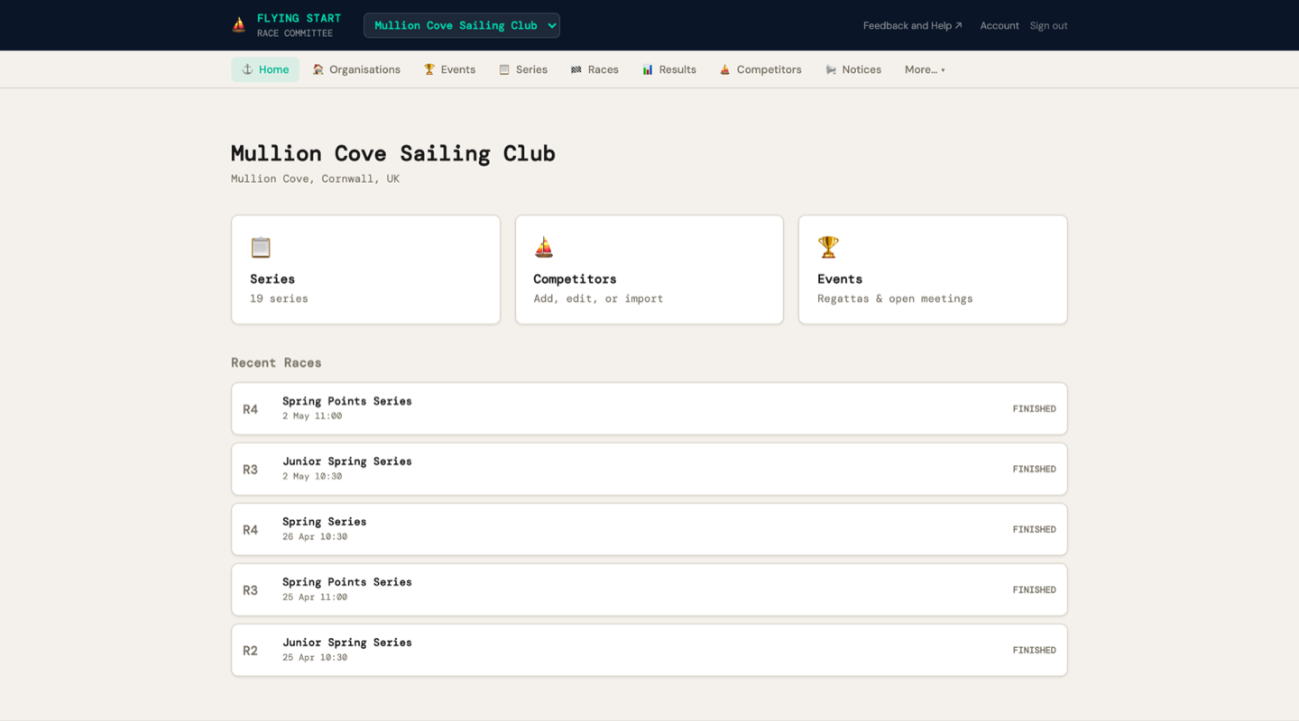 The Race Committee dashboard for Mullion Cove Sailing Club, showing quick action cards for Series, Competitors and Events, and a list of recent races marked finished.