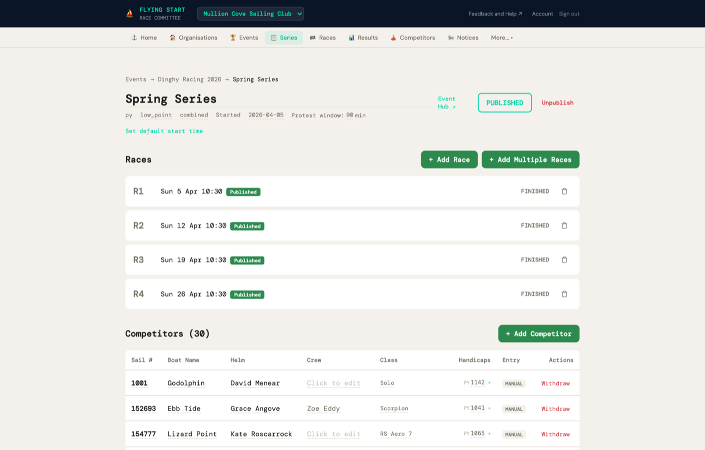 A series page for Spring Series, showing the handicap and scoring system, protest window, four published races, and the enrolled competitor table with sail numbers, boats, helms, classes and handicaps.